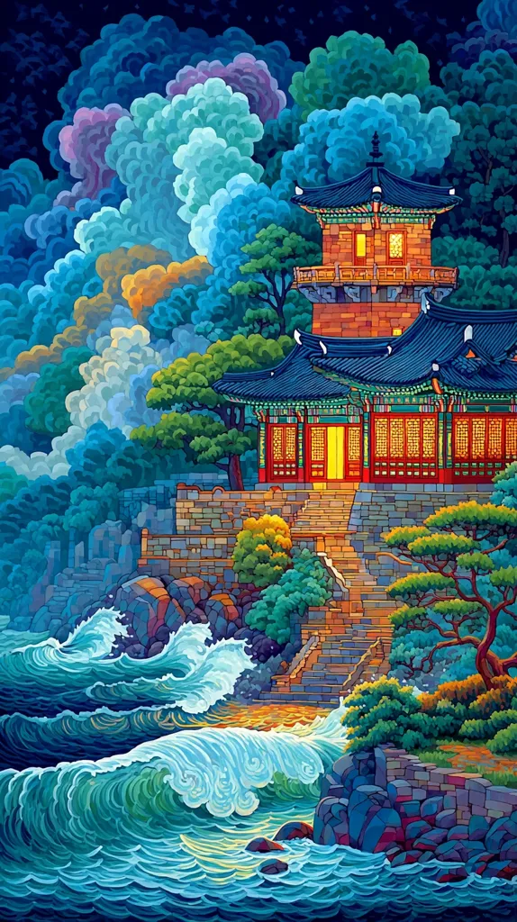 A vibrant digital painting depicts a traditional Korean house perched on a cliff overlooking a turbulent sea.  The house, illuminated from within, features intricate details and a tiered roof.  Surrounding it are lush, stylized trees and a stone staircase descending to the crashing waves.  The sky is a dramatic blend of blues and purples, echoing the colors of the ocean and foliage. The overall style is reminiscent of East Asian art with a modern, painterly touch.