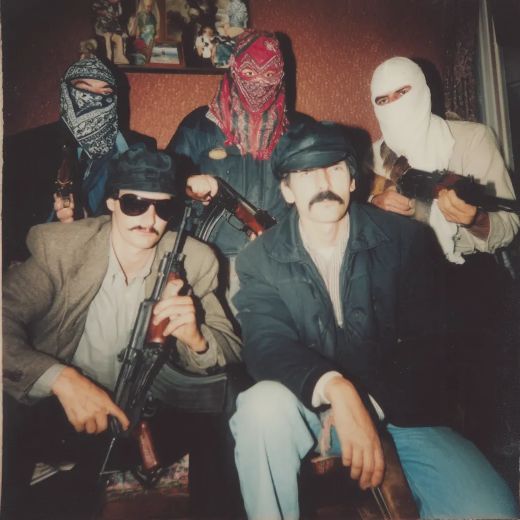 A grainy photograph depicts five men, possibly a paramilitary group, posing indoors.  Four wear head coverings—bandanas or balaclavas—and all hold assault rifles.  The central figure, a man with a mustache in a cap, sits prominently, flanked by armed companions. The background shows a domestic setting with framed pictures on the wall. The image conveys a sense of tension and clandestine activity.