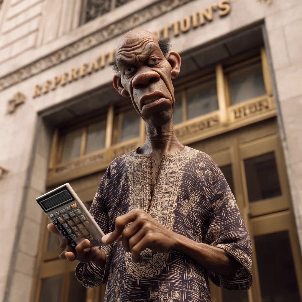 A caricature of an elderly Black man with exaggerated features stands before a grand building. He holds a calculator, his expression serious and calculating.  He's dressed in a dark patterned shirt, suggesting a possible theme of finance or economic disparity. The setting appears to be a city, emphasizing the contrast between the individual and the imposing architecture. The image's style is realistic yet stylized, creating a visually striking composition.