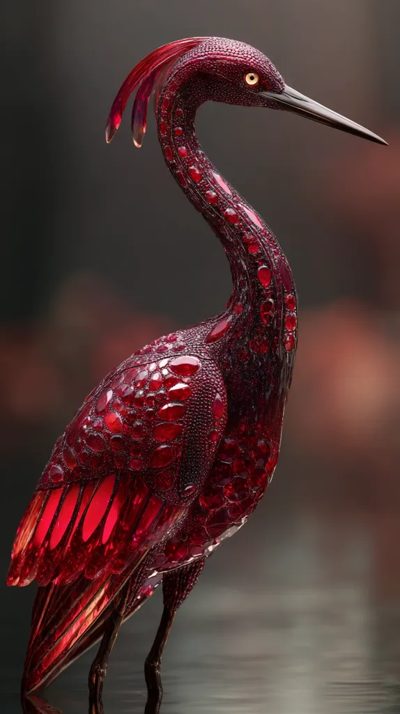 A stunning crimson glass sculpture of a crane is depicted.  The bird's body is meticulously crafted from numerous smaller, ruby-red glass pieces, creating a textured, jewel-like effect.  Its long neck curves elegantly, and detailed feathers are visible. The crane stands poised, reflecting subtly in a dark, glassy surface below.  The overall impression is one of exquisite artistry and meticulous detail.