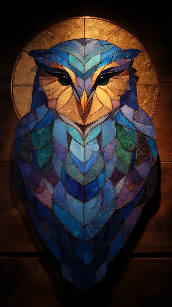 A stunning stained-glass owl artwork is displayed against a dark brown background.  The owl's plumage is depicted in a vibrant array of blues, greens, and purples, creating a mosaic-like effect.  It's framed by a circular, gold-toned halo, enhancing its regal appearance. The intricate detail and rich color palette make this a captivating piece of art.