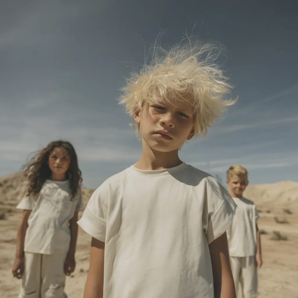 A blonde boy with tousled hair stares intensely at the camera, wearing a cream-colored oversized t-shirt.  Two other children, a girl and boy, also in cream clothing, stand blurred in the background.  The setting appears to be a desert landscape under a bright, sunny sky. The overall mood is one of stark simplicity and quiet contemplation.