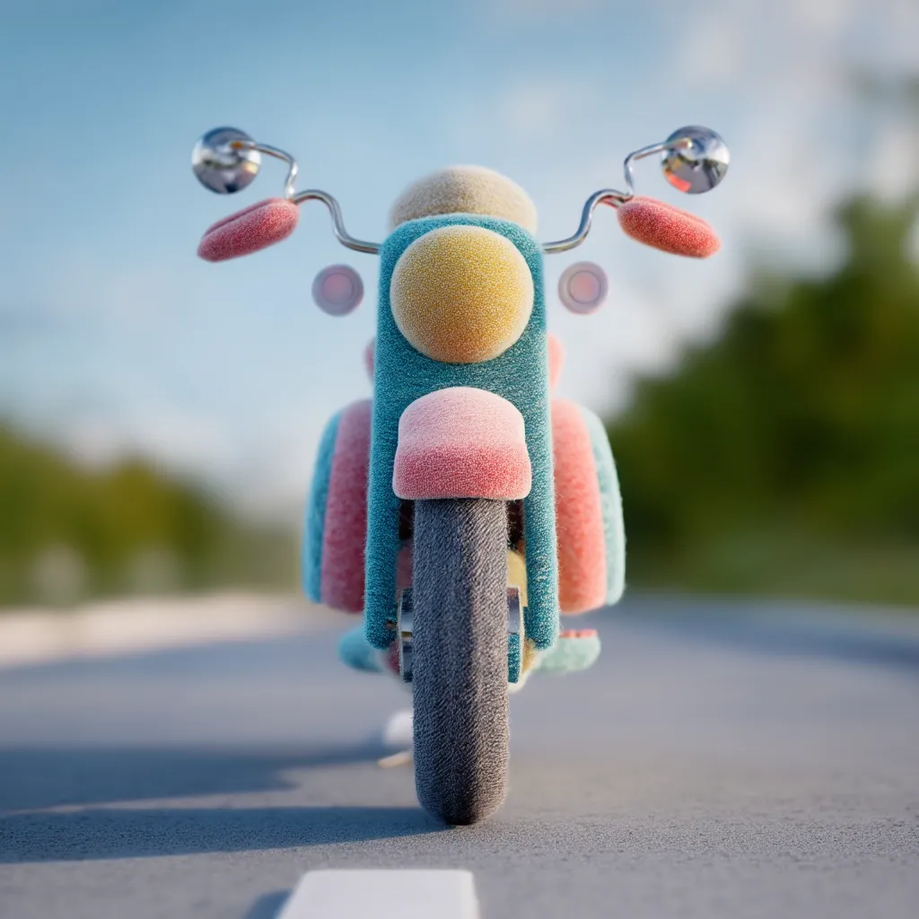 A pastel-colored toy motorcycle sits on a road.  The bike is covered in a soft, plush material, featuring shades of pink, teal, and yellow.  Its small size and childlike design suggest it's a toy, possibly for a young child. The background is blurred, showing a sunny day and green trees.  The overall image is whimsical and evokes a sense of childhood innocence.