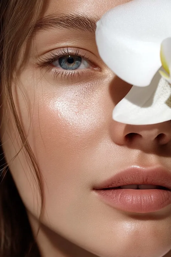 Close-up of a woman's face, partially obscured by a white orchid.  Her skin is luminous and features a subtle, dewy highlight.  Her eyes are a striking blue, framed by naturally defined brows and lashes.  The overall impression is one of natural beauty and radiant health.  Soft, neutral-toned makeup enhances her features.