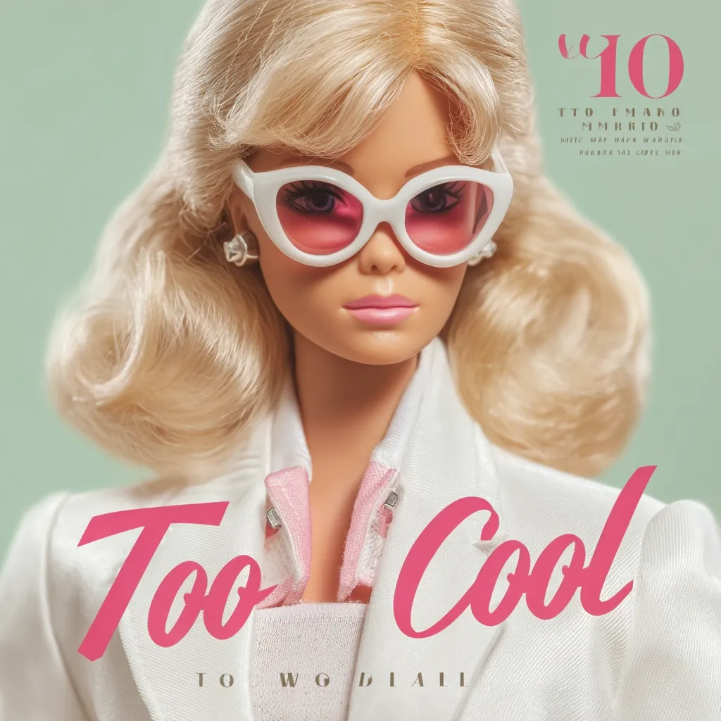 A Barbie doll, sporting blonde bouffant hair and oversized white cat-eye sunglasses with pink lenses, is the focus of this image.  She's dressed in a chic white jacket with pink accents, and the words "Too Cool" are prominently displayed in a pink, stylized font.  The background is a soft mint green.  A small section of text, seemingly a title or tagline, is visible in a different language above the doll's head.