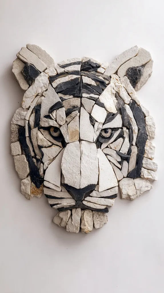 A striking stone mosaic depicts the head of a white tiger.  The artist uses varying shades of white and black stones to create the tiger's features, capturing its intense gaze and distinct stripes.  The textured pieces are meticulously assembled, giving the artwork a three-dimensional quality. The white background enhances the contrast and focus on the detailed mosaic work.
