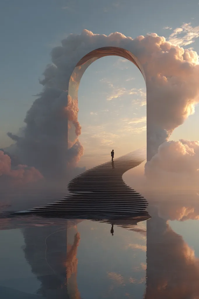 A lone figure ascends a long staircase leading through a massive, arched gateway.  The structure is nestled within soft, pastel-hued clouds, creating a surreal and ethereal atmosphere. The scene is reflected perfectly in a still body of water below, mirroring the ascension and the tranquil sky. The overall feeling is one of serene wonder and otherworldly peace.