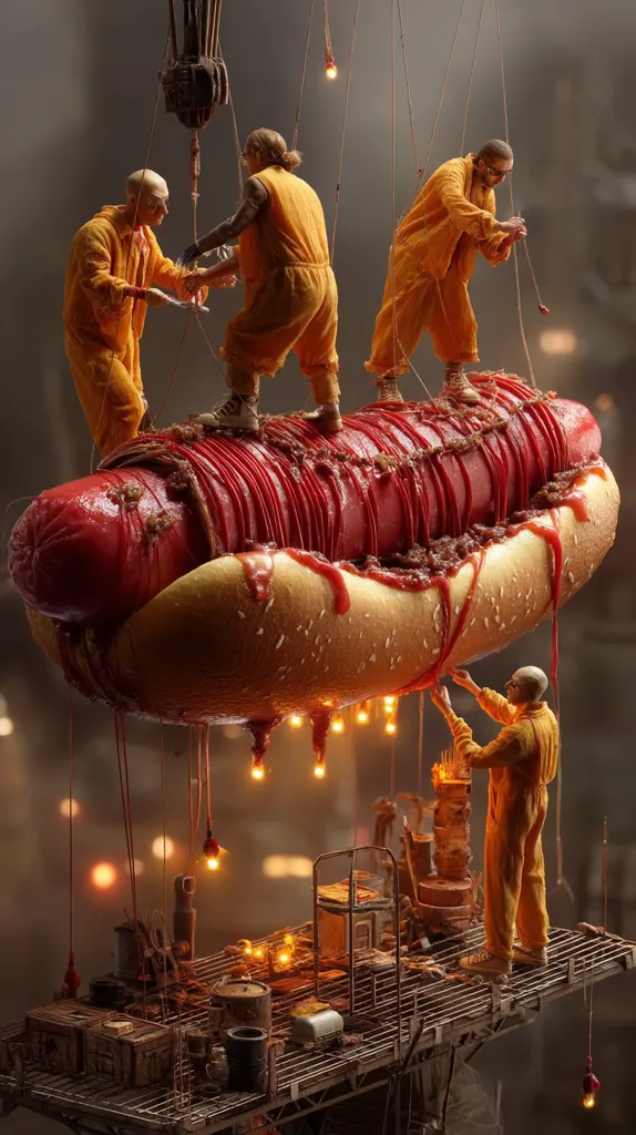A surreal image depicts a gigantic hot dog suspended in mid-air, with several workers in orange jumpsuits meticulously crafting and maintaining it.  They appear to be working on the massive hot dog, using ropes and small machinery on a rusty platform below.  The scene is dimly lit, with small, glowing lights illuminating the bizarre construction.  The overall effect is one of imaginative, almost dystopian, detail.