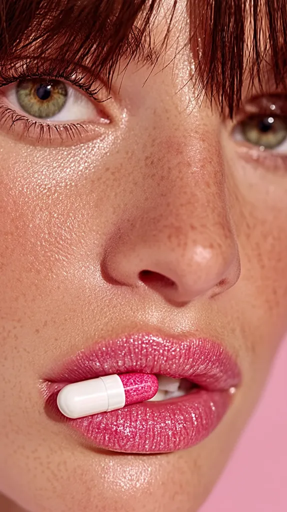 Close-up of a woman's face, her eyes partially obscured by bangs.  She has freckles and is holding a pink and white capsule between her lips, which are painted a glossy pink with glitter. The overall image is brightly lit and has a slightly surreal, beauty-product-focused aesthetic.  The focus is sharp on the woman's lips and the pill.