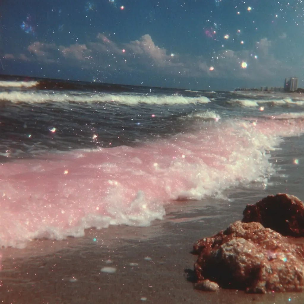 A dreamy, ethereal beach scene.  Pink-hued waves, sparkling like glitter, gently wash ashore under a twilight sky dusted with stars.  Rocks lie on the wet sand, adding texture to the romantic, otherworldly atmosphere.  The overall effect is serene and magical.