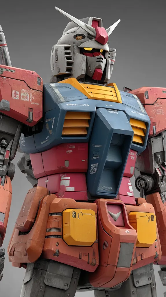 A detailed close-up of a weathered RX-78-2 Gundam model. The mecha's torso is predominantly red and dark blue, accented with yellow panels and showing signs of battle damage.  Its head, with visible detailing and yellow eyes, is slightly tilted. The overall aesthetic suggests a vintage or battle-worn appearance.  The image showcases the intricate design and weathering effects.