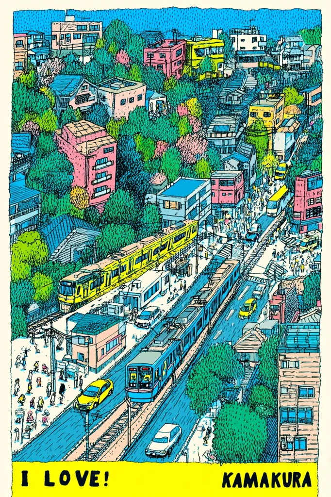 A vibrant, hand-drawn illustration depicts a bustling scene in Kamakura, Japan.  Two electric trains traverse a railway line amidst colorful houses nestled on a hillside.  Pedestrians and vehicles populate the streets, creating a lively atmosphere.  The image showcases the city's unique blend of urban development and natural greenery.  The text "I LOVE! KAMAKURA" emphasizes affection for this location.