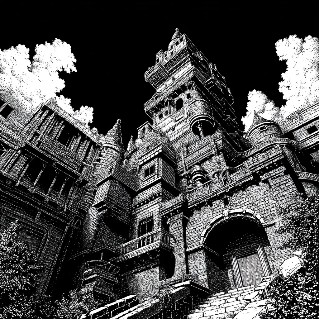A dramatic black and white illustration depicts a towering stone castle, its intricate details sharply defined against a dark sky.  Clouds partially obscure the upper reaches of the structure, emphasizing its height and imposing nature.  The castle features numerous towers, balconies, and arched doorways, suggesting a complex and potentially ancient history.  The perspective is from a low angle, looking upwards, enhancing the castle's grandeur.