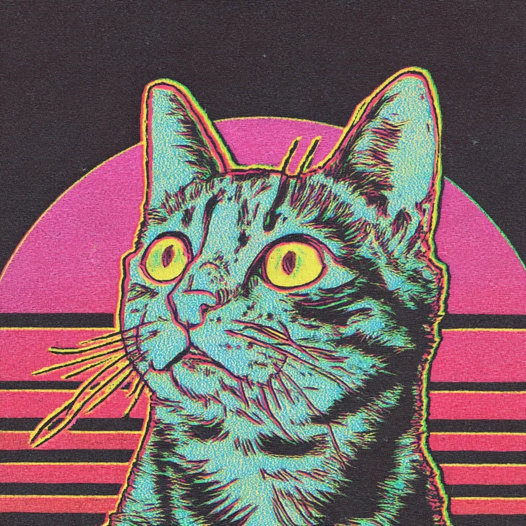 A stylized illustration of a cat's head, rendered in vibrant neon colors against a retro-inspired sunset backdrop.  The cat's fur is depicted with bold lines and shading, giving it a striking, almost psychedelic appearance.  The overall style evokes 1980s aesthetics, with a blend of bold colors and graphic design elements. The cat's expression is one of curious alertness.