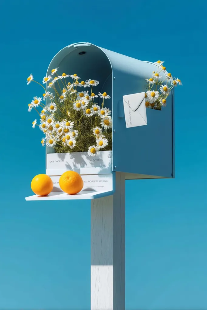 A light blue mailbox stands against a vibrant blue sky.  A bouquet of daisies and a white envelope peek from the open mailbox door. Two oranges rest on a small shelf below. The overall aesthetic is minimalist and bright, evoking a sense of summer freshness and simple pleasures.