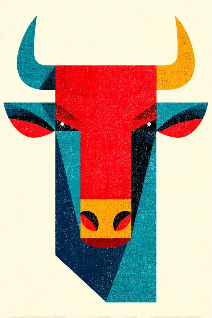 A stylized bull's head is depicted in a geometric, abstract art style.  The image uses bold, flat colors—red, teal, gold, and black—arranged in sharp angular shapes.  The texture suggests a print or screen-printed effect. The bull's expression is serious, almost menacing. The overall aesthetic is modern and graphic.