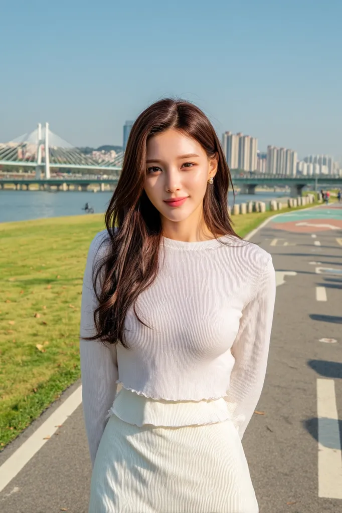 A young woman with long brown hair stands on a paved path beside a river.  She's wearing a white, long-sleeved, ribbed top and matching skirt. A modern bridge and cityscape are visible in the background under a bright, sunny sky.  Her expression is pleasant and she appears relaxed.