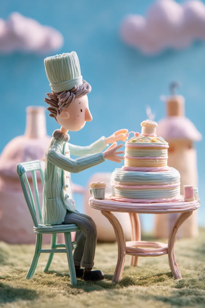 A charming claymation scene depicts a baker, adorned in a chef's hat and pastel-colored outfit, meticulously crafting a layered cake.  He sits at a miniature pastel table, adding the final touches to the confection. The setting is whimsical, with soft clouds and quaint buildings in the background, creating a fairytale atmosphere.  The overall aesthetic is delicate and sweet.