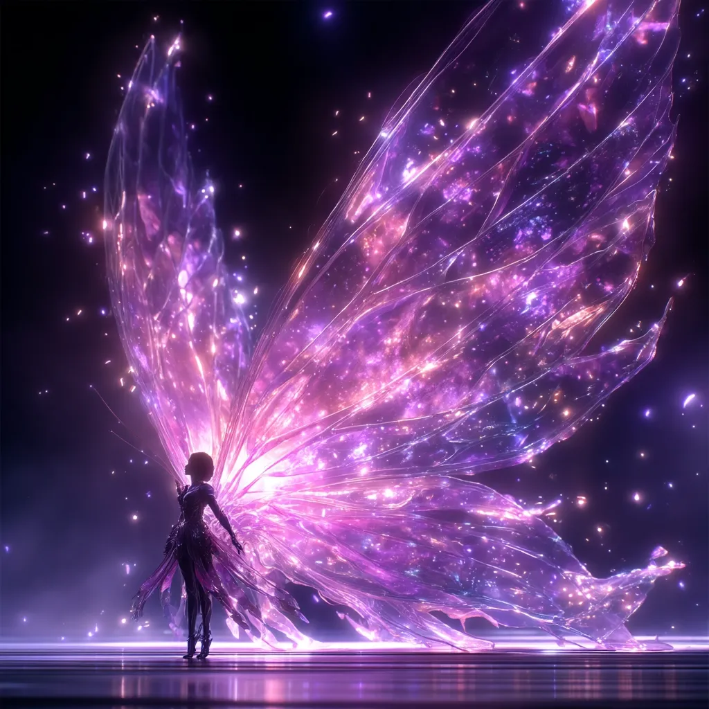 A silhouetted woman stands before a pair of enormous, luminous wings. The wings are a breathtaking spectacle of purple and pink, shimmering with embedded lights that resemble distant stars. The ethereal glow casts a soft light on the woman, enhancing the magical atmosphere. The scene is dark, with the wings as the central focus of light and color, creating a captivating contrast.  The overall impression is one of fantasy and otherworldly beauty.