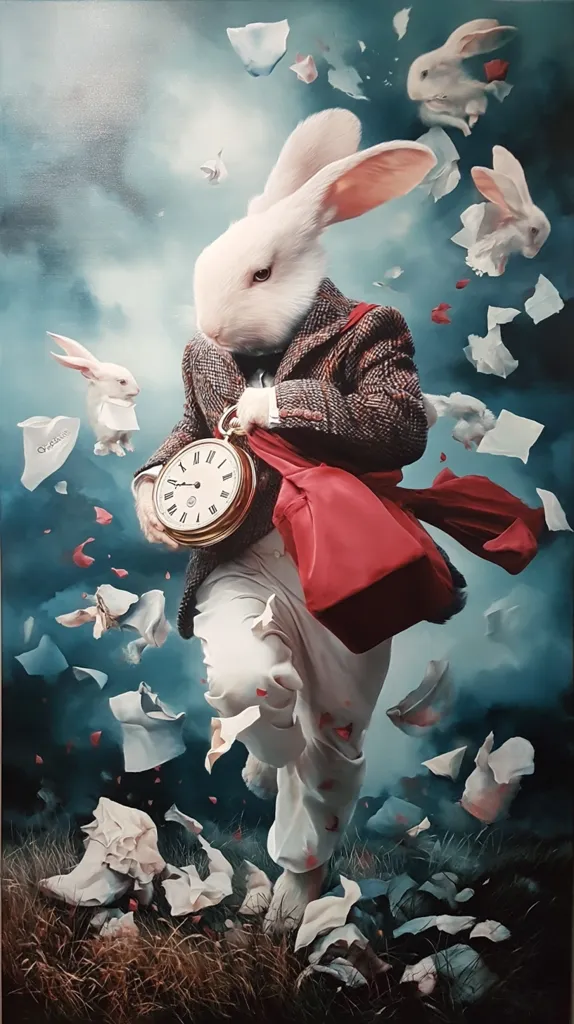A white rabbit, anthropomorphized in a tweed jacket and white pants, runs amidst a flurry of papers and other rabbits.  He carries a large red bag and a pocket watch, evoking the urgency of Lewis Carroll's White Rabbit. The surreal, dreamlike scene is painted in muted blues and greens, with splashes of red, suggesting a sense of chaos and fleeting time.