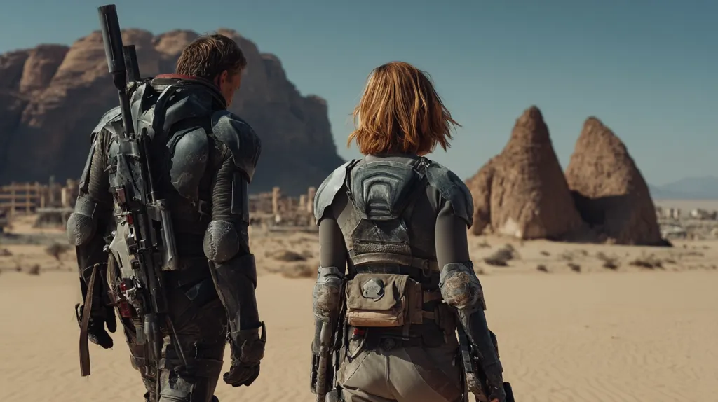 Two figures in futuristic, battle-worn armor traverse a desolate, sandy landscape.  Behind them, a ruined city and imposing rock formations rise under a clear sky. The scene suggests a post-apocalyptic or sci-fi setting, with the characters seemingly on a mission or journey through a harsh environment.  Their attire and the backdrop create a sense of adventure and peril.