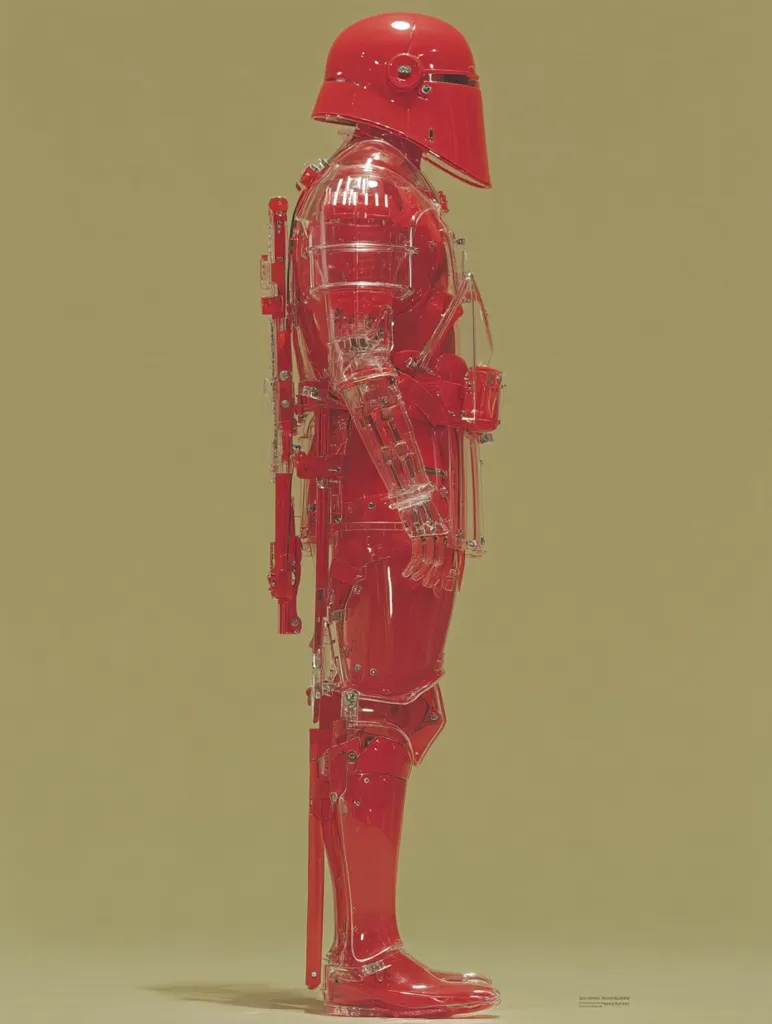 A transparent red figure, resembling a Star Wars First Order Sith Trooper, stands against a muted green background. The figure's intricate internal structure is visible through the translucent red armor.  The pose is a profile view, showcasing the detail of the helmet, body armor, and weaponry. The overall aesthetic is both futuristic and somewhat fragile.