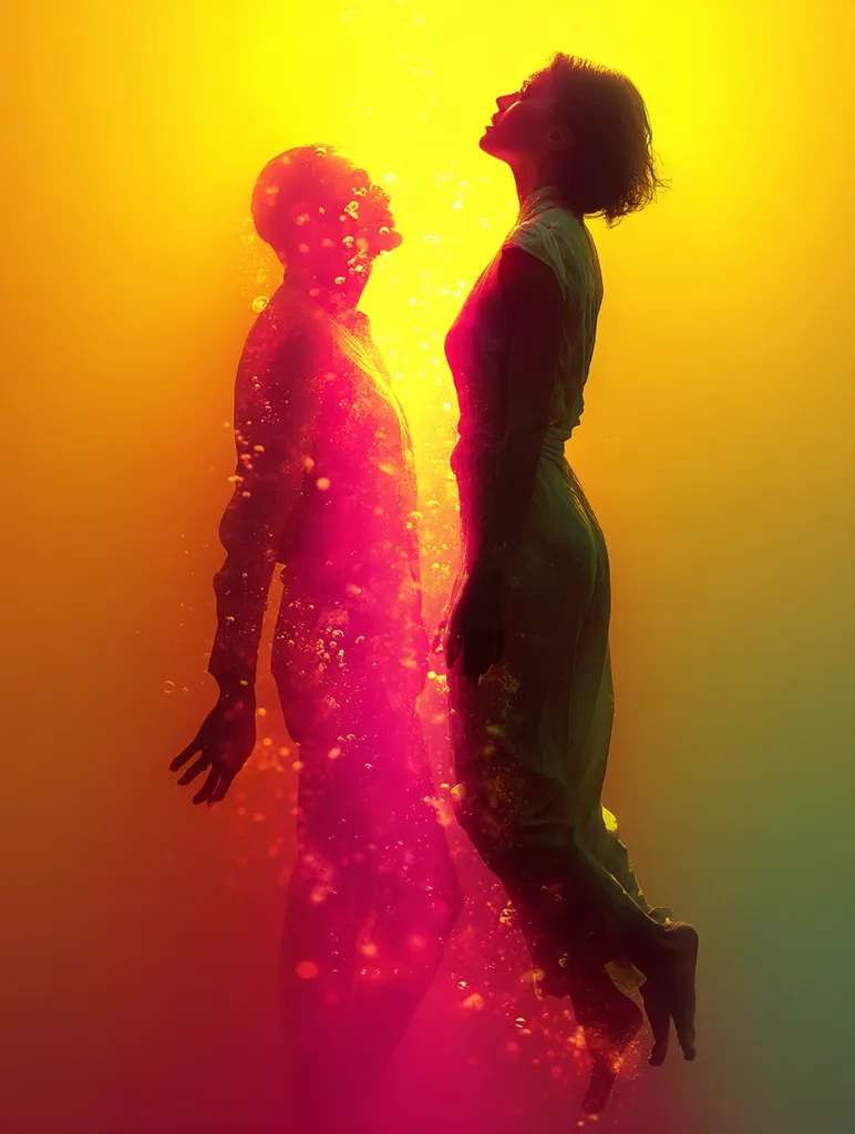 A vibrant, surreal image depicts a man and woman seemingly submerged in a luminous, yellow-orange liquid.  The figures are silhouetted, with the man appearing translucent and partially overlaid on the woman.  Bubbles rise around them, adding to the ethereal, dreamlike quality.  The warm, contrasting colors create a striking visual effect, suggesting a sense of mystery and connection.
