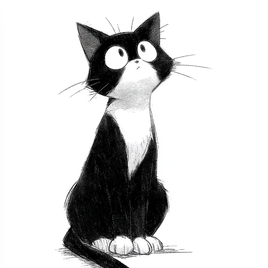 A charming black and white cat, drawn in a sketchy style, sits and gazes upward with wide, expressive eyes. Its fur is rendered with textured shading, giving it a soft yet defined appearance. The cat's posture and curious expression create a sense of playful inquisitiveness. The simple background accentuates the cat's charm, making it the clear focal point of the image. The artwork is reminiscent of children's book illustrations or whimsical character designs.