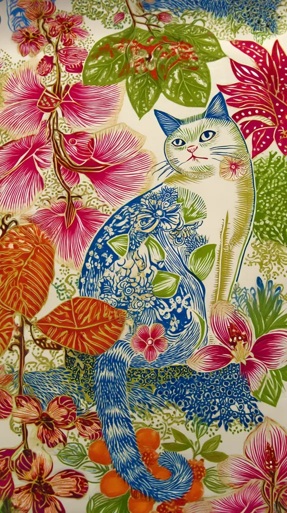 A vibrant textile design features a stylized cat amidst a profusion of tropical flowers and foliage.  The cat, rendered in shades of blue and white, is depicted in a seated pose.  The surrounding flora bursts with bright pinks, oranges, reds, and greens, creating a bold and lively pattern. The artwork showcases a blend of floral and animal motifs in a detailed, almost woodcut-like style.