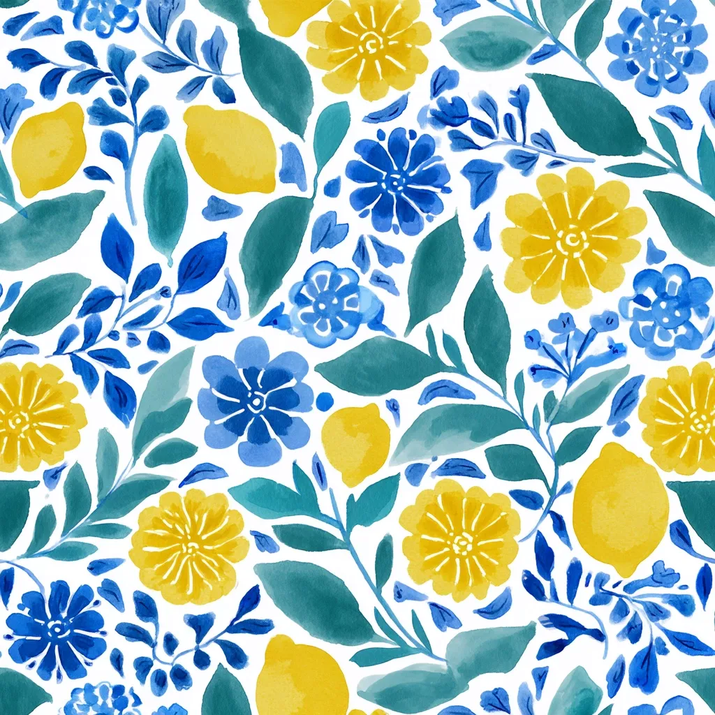A watercolor floral pattern features lemons and flowers in shades of yellow and blue.  Teal-green leaves intertwine with blue blossoms and yellow daisy-like flowers.  The lemons are rendered in a painterly style, adding a fresh and vibrant feel to the repeating design. The overall effect is bright, cheerful, and reminiscent of a summery garden.