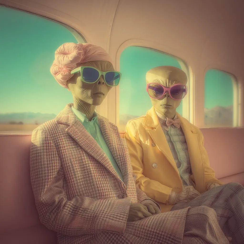 Two stylish aliens, sporting pastel-colored clothing and sunglasses, are seated on a retro-styled vehicle.  The woman in pink and the man in yellow exude a sophisticated air, their attire a blend of classic and quirky fashion.  The desert landscape outside the vehicle's large windows hints at a journey through an unfamiliar world, creating a whimsical and surreal scene.
