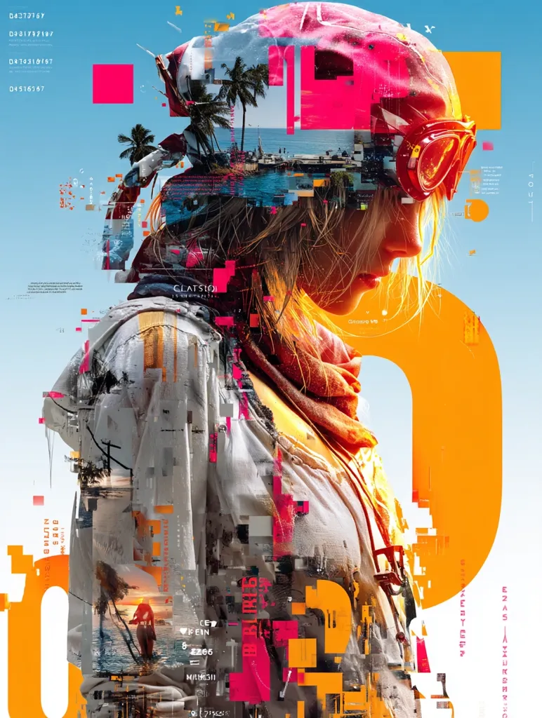 A vibrant, abstract portrait of a woman wearing goggles and a pink headscarf.  The image is a layered collage, blending a realistic depiction of the woman with digital glitch effects, tropical beach scenes, and geometric shapes in bright orange and pink hues.  Data streams and fragmented text are interspersed throughout the design, creating a futuristic and dynamic visual.