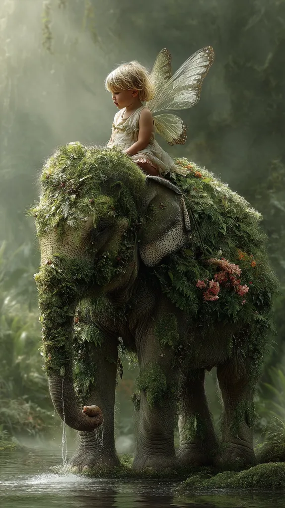 A young girl with delicate, butterfly-like wings sits atop a majestic elephant. The elephant is adorned with lush greenery, moss, and vibrant flowers, appearing as one with the enchanting forest.  The scene is serene and mystical, bathed in soft, ethereal light. The girl and elephant stand peacefully by a tranquil pond, creating a captivating image of fantasy and nature.