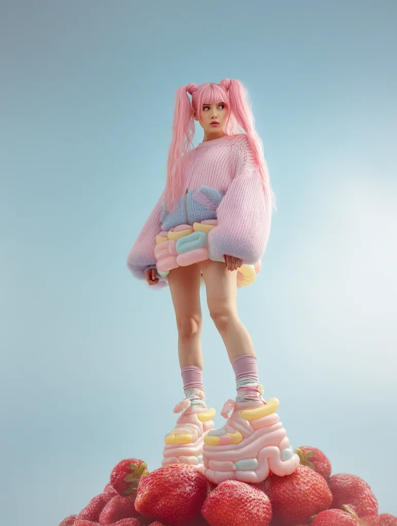 A young woman with long pink hair styled in pigtails stands atop a large pile of strawberries. She wears a pastel pink sweater, a similarly colored mini skirt resembling pastel-colored marshmallows, and oversized pastel-colored platform shoes. The background is a clear light blue sky. The overall aesthetic is playful and whimsical, reminiscent of candy and cartoons.
