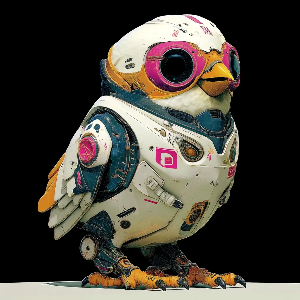A robotic bird, predominantly white with yellow and pink accents, is depicted.  Its design incorporates futuristic elements, including goggles and intricate mechanical details.  The bird appears to be armored, with visible wires and a worn, slightly distressed aesthetic. It's positioned against a stark black background, highlighting its detailed features and unique blend of organic and mechanical forms.