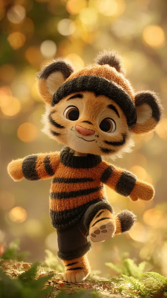 A cute, cartoon tiger cub, wearing an orange and black striped sweater and a matching knit hat with a pom-pom, playfully lifts one leg.  The adorable creature is set against a softly blurred background of autumnal colors, suggesting a woodland setting. Its large, expressive eyes add to its charm. The image is digitally rendered, showcasing a high level of detail in the fur and clothing textures.