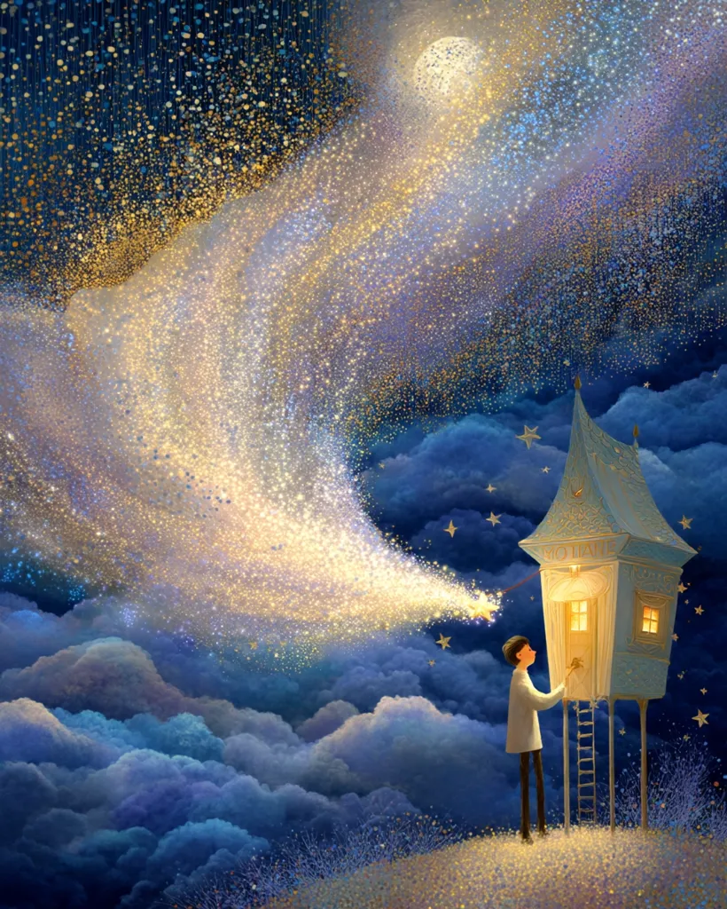 A whimsical illustration depicts a small figure using a long stick to guide a shimmering stream of golden starlight towards a quaint, elevated house nestled amongst clouds. The night sky is filled with twinkling stars and a luminous moon, creating a dreamlike and magical atmosphere. The scene evokes a sense of wonder and childhood fantasy.