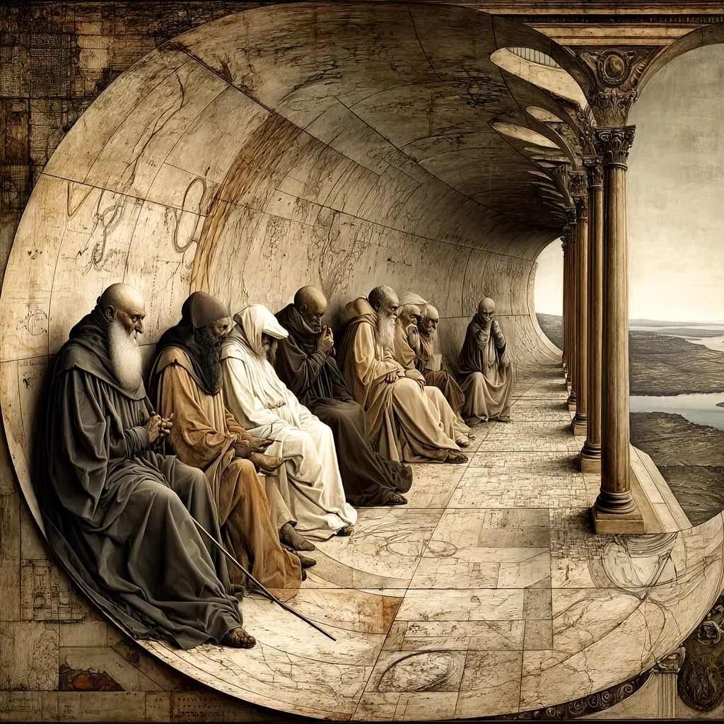 A panoramic painting depicts a row of robed, bald figures seated on a curved, colonnaded platform overlooking a vast landscape.  The figures, possibly monks or scholars, are dressed in muted earth tones. The architectural setting is grand and classical, with intricate designs etched into the floor and walls, resembling maps or blueprints. The overall mood is contemplative and serene.