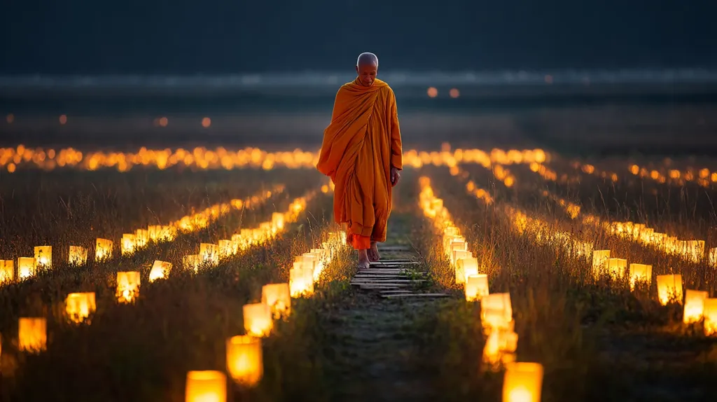 A Buddhist monk in saffron robes walks barefoot along a dimly lit path at night.  Rows of glowing paper lanterns line the path, creating a magical, serene atmosphere. The monk's posture suggests contemplation and peace, enhanced by the warm light illuminating his journey. The scene evokes a sense of spiritual tranquility and the beauty of simple devotion.