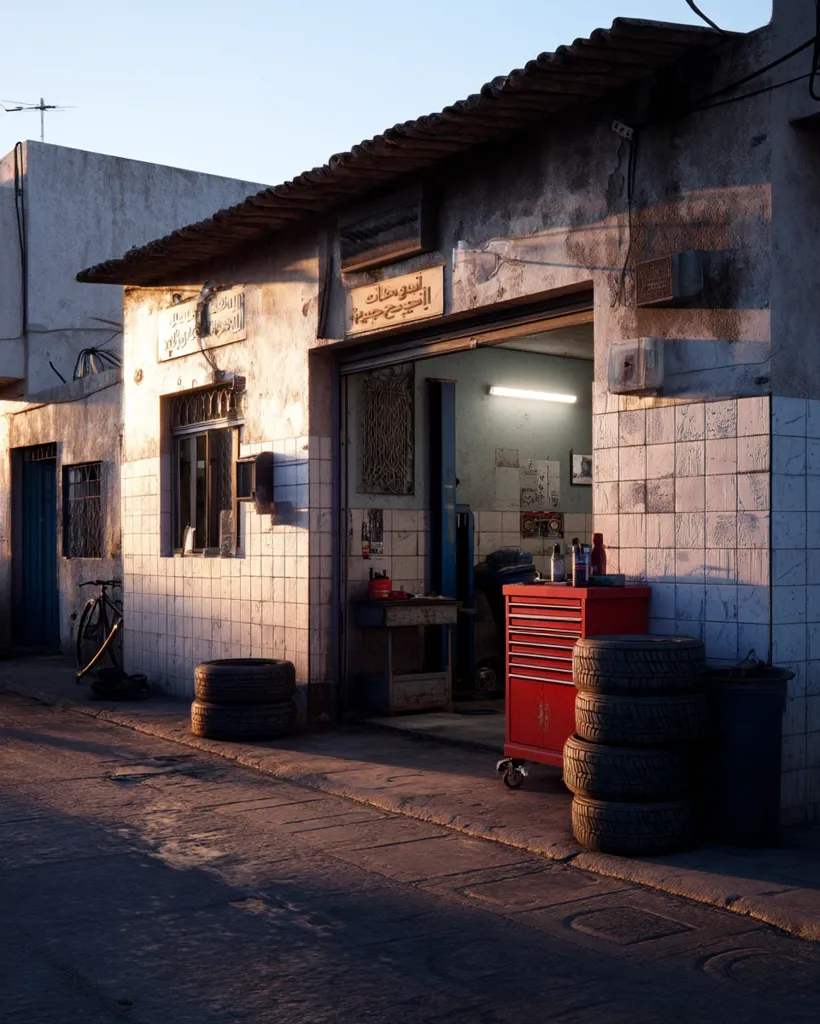 A rustic auto repair shop, bathed in the warm light of sunset, sits on a quiet street.  The building's weathered facade is adorned with Arabic script.  Inside, a sparsely furnished workshop is visible, with a red tool cabinet and stacks of tires. A bicycle leans against the wall outside. The overall scene evokes a sense of calm and quiet industry.