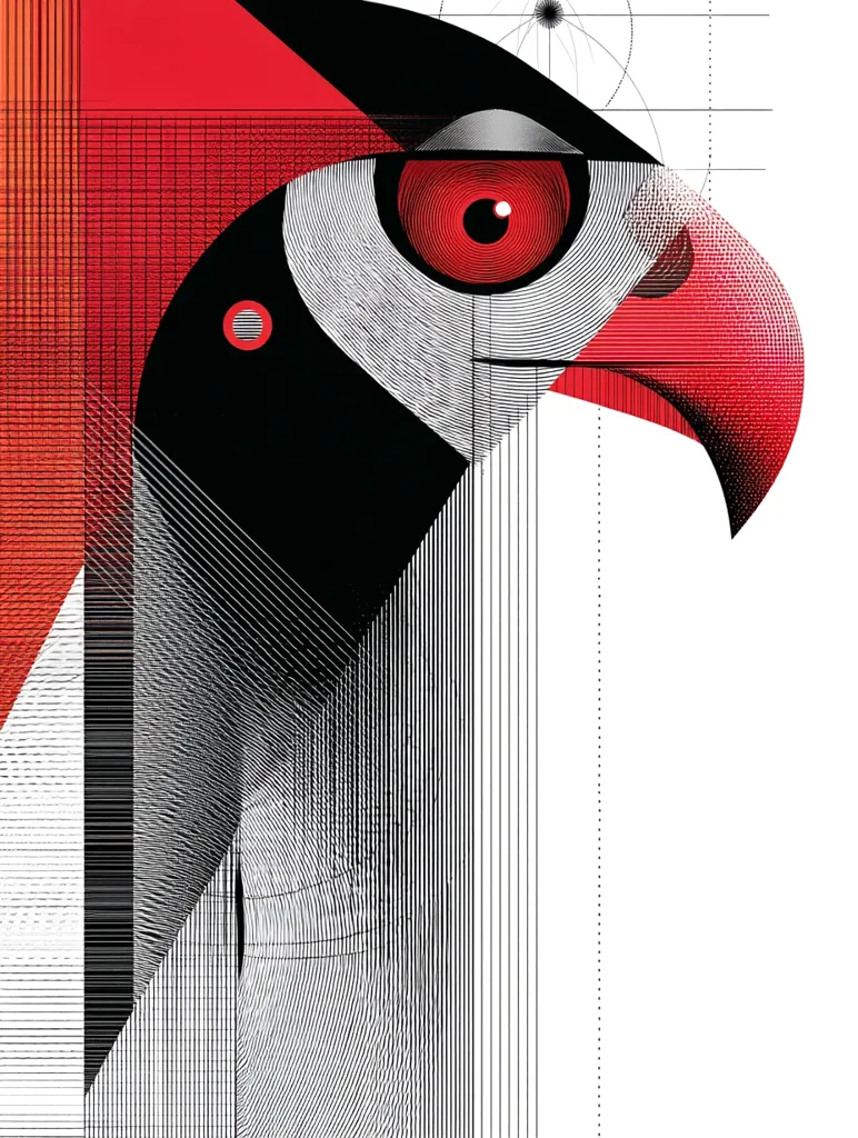A stylized illustration of a falcon's head, rendered in bold red, black, and white.  Geometric lines and hatching create texture and form, emphasizing the bird's intense gaze. The design is abstract yet retains the essence of a predatory bird, with a focus on the eye and beak.  Overlapping shapes and a grid-like pattern suggest a sense of precision and design.