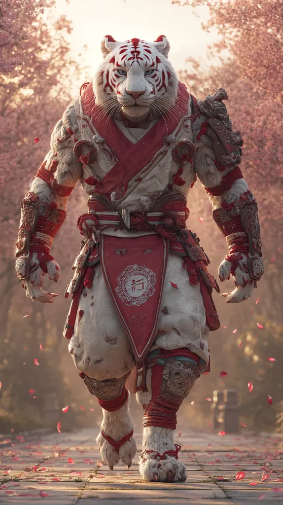 A majestic white tiger, adorned in ornate red and white samurai armor, walks through a pathway strewn with falling cherry blossoms.  The tiger's fur is detailed, and its expression is serious and powerful. The armor is intricately designed with traditional Japanese motifs, indicating a warrior's attire. The scene is serene yet evokes a sense of strength and quiet determination.