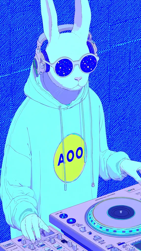 A stylized illustration depicts a rabbit DJ.  The rabbit wears a light blue hoodie with a yellow circular logo, oversized headphones, and round sunglasses reflecting a starry night sky.  The vibrant blue background contrasts with the cool tones of the rabbit and its DJ equipment.  The image is reminiscent of anime or vaporwave aesthetics, with bold outlines and a flat color palette.
