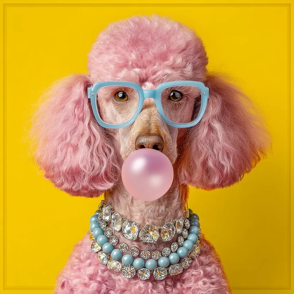 A pink poodle, sporting light blue glasses and a glamorous jeweled necklace, blows a bubble of pink bubblegum against a vibrant yellow background.  The dog's fluffy coat and stylish accessories create a fun, fashionable image.  The contrasting colors and playful expression make for a cheerful and memorable picture.