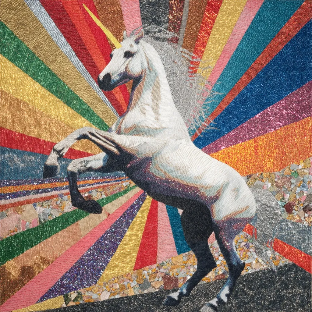 A majestic white unicorn, depicted in a rearing pose, is the centerpiece of a vibrant, textured artwork. The unicorn is rendered with meticulous detail against a radiant backdrop of multicolored, glittering rays emanating from a central point.  The background's texture appears to be composed of various materials, creating a rich and dynamic contrast with the unicorn's smooth form. The overall effect is one of fantastical energy and opulence.