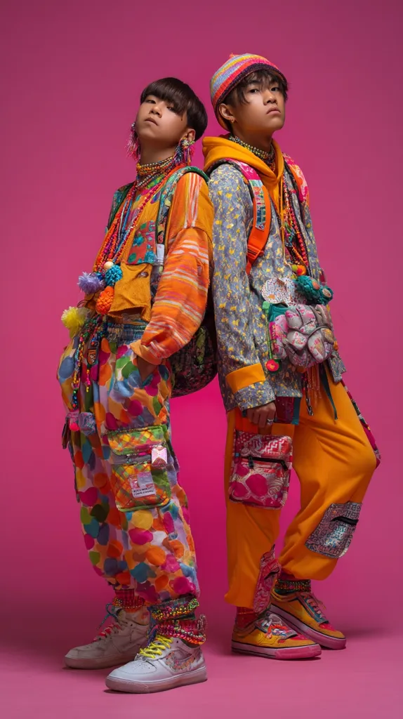 Two young men, styled in vibrant, eclectic outfits, pose against a pink backdrop.  Their clothing is a mix of bold colors and patterns, incorporating patchwork, beaded accessories, and whimsical details.  One wears orange pants and a multicolored jacket, while the other sports yellow pants and a gray patterned shirt.  Both feature colorful knit hats and jeweled footwear, creating a striking, coordinated look.  The overall style is bold, playful, and visually arresting.