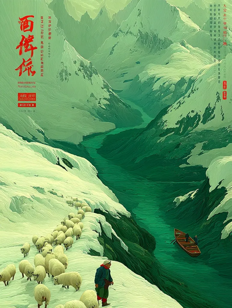 A flock of sheep traverse a snow-covered mountain pass overlooking a vibrant green valley.  A shepherd watches them from above. Below, a small boat carries two figures on the tranquil emerald water, nestled within towering, snow-capped mountains. The scene is serene and evokes a sense of remoteness and peaceful coexistence with nature.  Chinese calligraphy adorns the top, adding to the artwork's cultural significance.