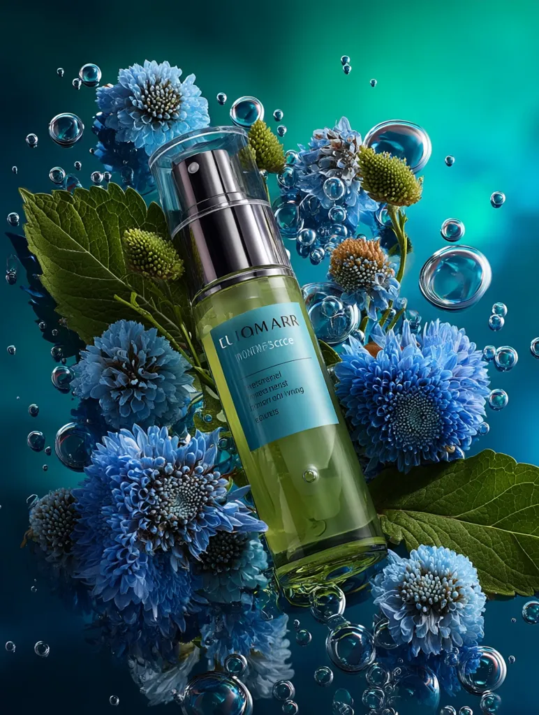 A bottle of Eliomar moisturizing essence rests amidst vibrant blue flowers and translucent bubbles in a teal-colored setting.  The bottle's sleek design and the ethereal background create a luxurious and calming visual.  The image showcases the product's apparent freshness and connection to nature.  Delicate green leaves add a natural touch to the composition.