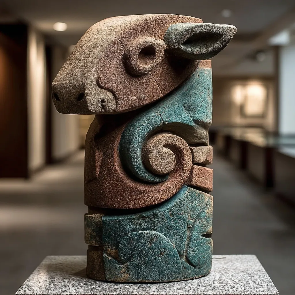A stylized stone sculpture, possibly depicting an animal, stands on a gray pedestal.  The artwork is primarily composed of reddish-brown and teal-green sections, intricately carved with swirling patterns and angular features. The head, resembling a ram or similar creature, is prominently displayed at the top. The sculpture's texture appears rough and weathered, suggesting age or intentional artistic effect. It is displayed in a dimly lit indoor setting, enhancing its artistic presence.