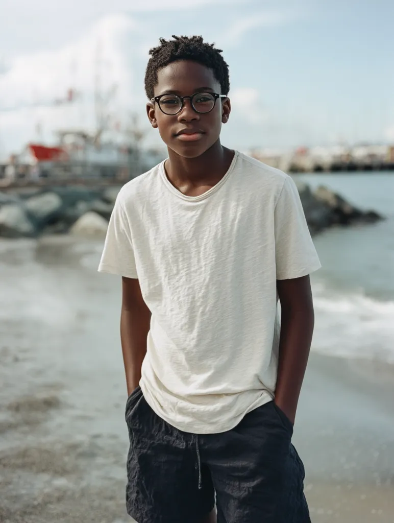 A young Black boy with short, dark hair and glasses stands on a beach. He's wearing a loose-fitting, off-white t-shirt and dark shorts, his hands in his pockets.  The background is softly blurred, showing a harbor with boats and calm water. The overall mood is relaxed and casual.